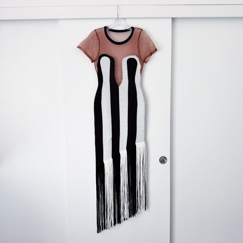 Hanifa Zariah Tassel Knit Dress Black and White Fringe